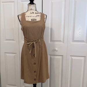 Monteau Camel Button-Down Midi Linen Blend Dress Paperboy waist & Button detail